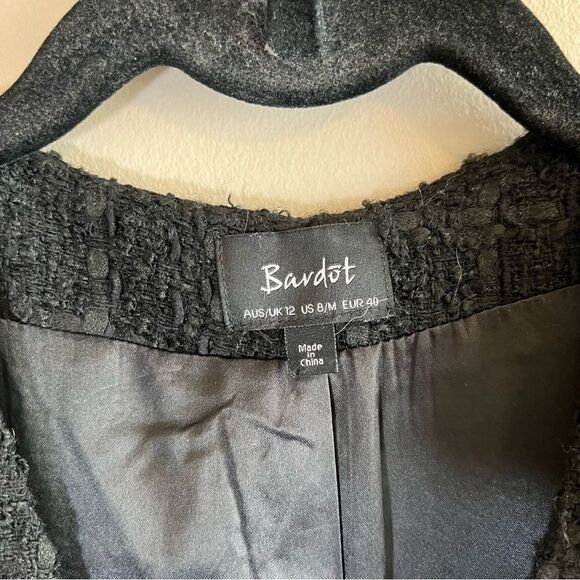 ✨ Bardot Boucle Tweed Zip Front Frayed Hem Dress Medium 8 Black - Picture 4 of 11